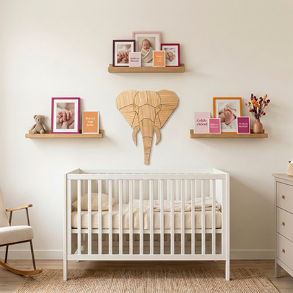 Massief houten olifantenkop – Duurzame wanddecoratie voor de babykamer en kinderkamer